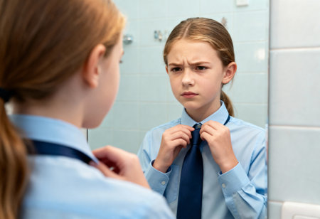 Focused young girl learning to tie a navy necktie in front of the bathroom mirror while wearing a blue dress shirt before school.の素材