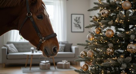 Curious brown horse observing decorated christmas tree with baubles and lights in cozy modern living room interior.の素材