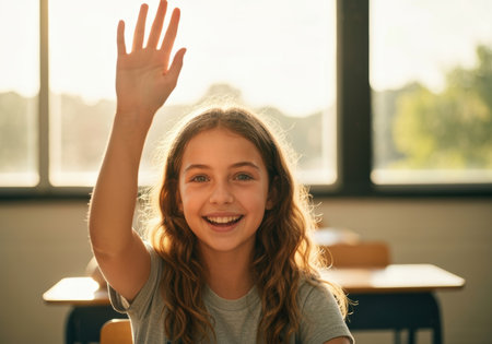 Smiling young girl raising hand in bright classroom, showing engagement and enthusiasm for learning in an educational environment.の素材