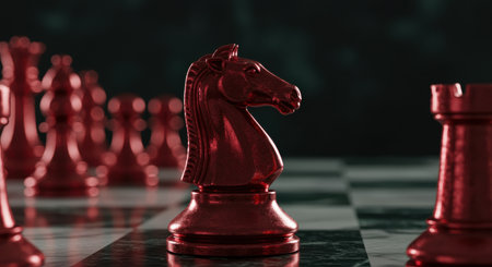Red knight chess piece on marble board, strategic game concept with reflective surface and other pieces in dramatic lighting.の素材
