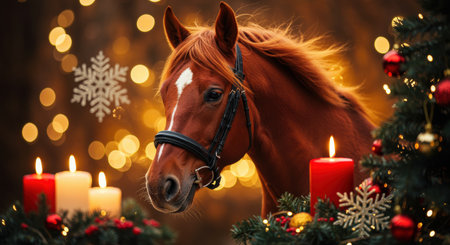 Chestnut horse beside lit candles and decorated christmas tree with festive lights and snowflake ornaments in winter evening.の素材