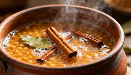Steaming lentil soup in rustic clay pot with cinnamon sticks, bay leaf and aromatic herbs for healthy homemade comfort meal.の素材