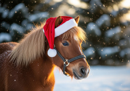 Adorable brown pony wearing a festive santa hat in a snowy winter landscape with falling snow and evergreen background.の素材
