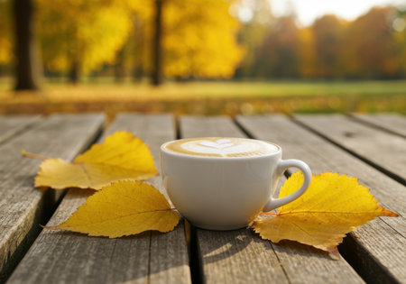 Warm cappuccino in white cup on wooden table with autumn leaves, peaceful morning in vibrant golden park with soft sunlight.の素材