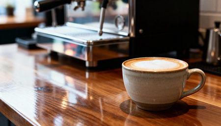 Freshly brewed cappuccino served on a wooden counter in a modern cafe with a professional espresso machine in the background.の素材