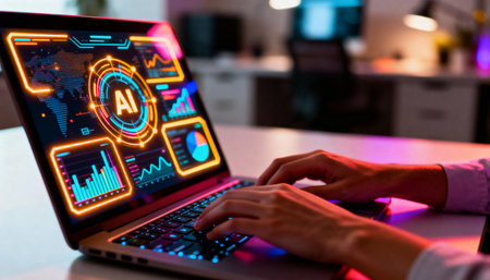 Person using laptop with futuristic ai interface displaying data analytics, charts, neural network graphics, and digital technology.の素材