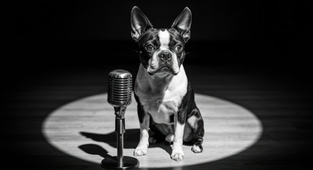 Boston terrier sitting under spotlight on stage with vintage microphone, capturing humorous and expressive canine performance moment.の素材