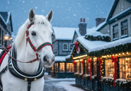 White horse wearing festive harness standing in a snowy village street with holiday lights and decorations during winter evening.の素材