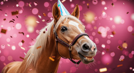 Smiling brown horse wearing party hat celebrating surrounded by falling confetti and festive pink bokeh lights.の素材