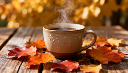 Steaming cup of coffee on rustic wooden table surrounded by vibrant autumn leaves under golden warm morning sunlight.の素材