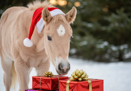 Adorable young foal wearing a santa hat curiously exploring wrapped holiday gifts outdoors in snowy winter forest setting.の素材