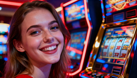 Smiling young woman enjoying slot machine gaming in vibrant casino atmosphere with colorful neon lights and cheerful expression.の素材