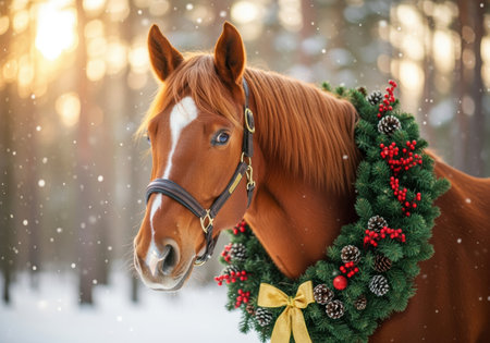 Chestnut horse standing outdoors in winter forest wearing festive Christmas wreath with pinecones, berries, and golden ribbon.の素材