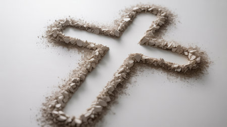 Shattered cross shape formed with broken dried clay pieces and dust on a plain white background, symbolizing fragility and faith.の素材
