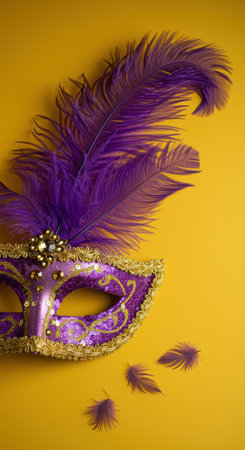 Elegant purple masquerade mask adorned with ornate gold trim and feathers on vibrant yellow background for festive celebration.の素材