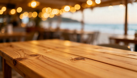 Outdoor wooden table in warm evening light with soft bokeh background in a relaxed beachside dining setting.の素材