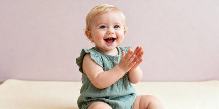 smiling blonde baby sitting and clapping hands indoors, wearing cute green outfit with joyful facial expression on soft background.の素材