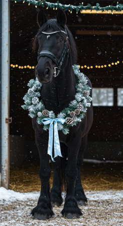 Majestic black horse adorned with a winter pine wreath and blue ribbon standing in snowy stable entrance during festive season.の素材