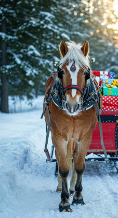 Brown horse pulling a festive sleigh filled with colorful wrapped gifts through a snowy winter forest at sunrise.の素材