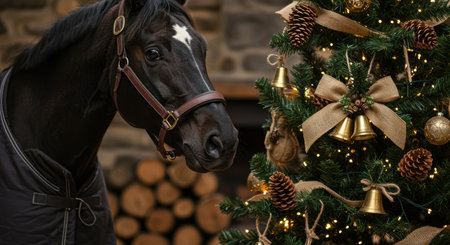 Black horse curious near rustic festive christmas tree decorated with pinecones, gold bows, and lights inside cozy lodge.の素材