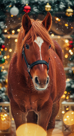 Chestnut horse standing outdoors in falling snow with festive holiday decorations and glowing lights in the background.の素材