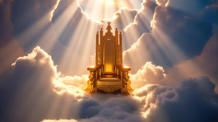 Majestic golden throne illuminated by sunrays surrounded by dramatic clouds in ethereal, heavenly atmosphere.の素材