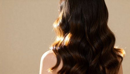 Glossy brunette hair cascading down a woman's back in gentle waves with sunlight highlighting the healthy texture.の素材