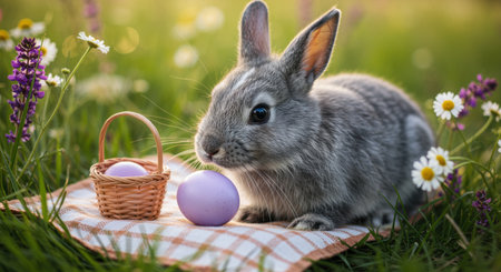 Gray rabbit sitting on a picnic blanket in a meadow with purple eggs and wicker basket surrounded by wildflowers on a sunny day.の素材