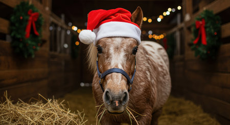 Brown horse wearing festive santa hat standing in a decorated barn with holiday wreaths and warm string lights during winter.の素材