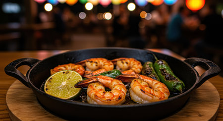 Grilled shrimp with lime and peppers served in a cast iron skillet on a wooden board with vibrant bokeh background.の素材