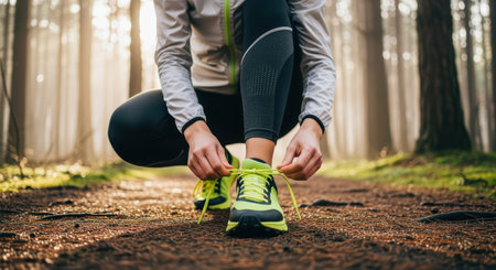 Athletic woman tying shoelaces on running shoes in forest during early morning workout, preparing for brisk run on dirt trail.の素材