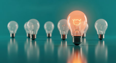 Glowing light bulb with creative cat filament standing out among unlit bulbs on teal background symbolizing innovation and leadership.の素材