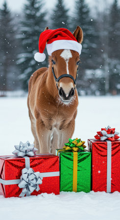 Adorable foal wearing santa hat standing in snowy landscape with festive wrapped gifts and evergreen trees in the background.の素材