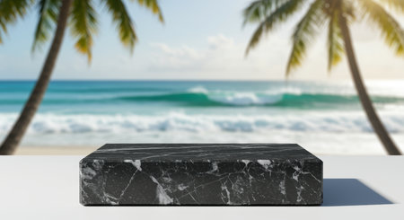 Black marble podium on a white surface with tropical palm trees and turquoise sea waves under bright daylight at a serene beach.の素材