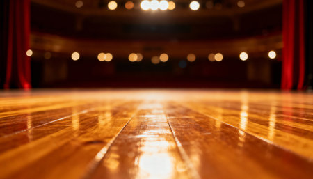 Empty theater stage with wooden floor and dramatic lighting, illuminated spotlights and red curtains in a grand performance hall.の素材