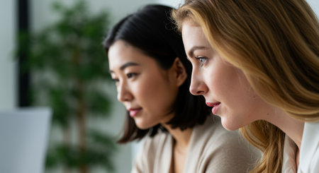 Focused young women collaborating on computer project in modern workspace with natural light and green indoor plant.の素材