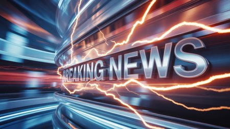 Lightning bolts and glowing energy surround a bold breaking news headline on futuristic metallic surfaces, conveying urgency and dynamism.の素材