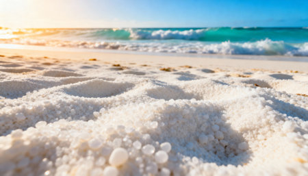 Shimmering white sandy beach with ocean waves under clear blue sky and sunlight in a tropical coastal landscape.の素材