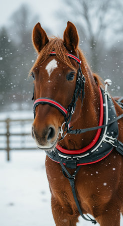 Chestnut horse with bridle standing in snowy winter landscape surrounded by falling snow and rustic wooden fencing.の素材