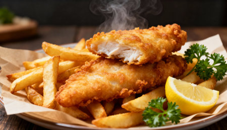 crispy battered fish fillets served with golden fries, lemon wedges, and parsley garnish on parchment paper in a rustic setting.の素材