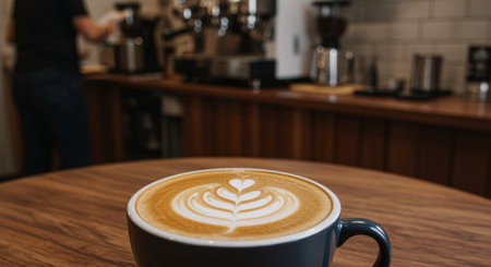 Freshly brewed latte with intricate heart shaped latte art on wooden table in cozy modern cafe with barista preparing coffee.の素材