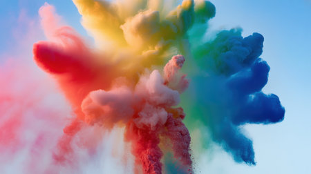 Vibrant multicolored powder clouds exploding dramatically against a clear blue sky with dynamic movement and vivid hues.の素材