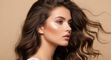Elegant young woman with glowing skin and voluminous wavy hair on beige background showing highlighted natural makeup.の素材