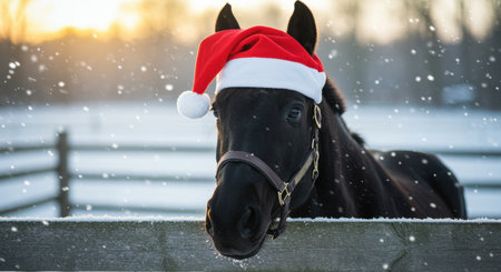 Black horse wearing a festive santa hat outdoors in a snowy winter paddock during sunrise with snowflakes falling around.の素材