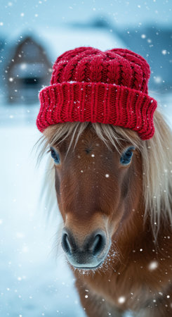 Adorable brown pony with blond mane wearing a red knitted hat stands outdoors in snowy winter weather with falling snowflakes.の素材