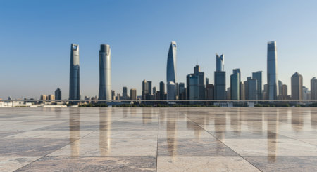 Modern city skyline with tall skyscrapers reflecting on empty marble plaza under clear blue sky during bright daylight.の素材