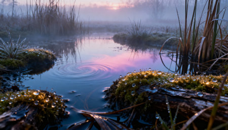 Serene dawn landscape with dew covered grass, swirling water, and misty reflections under vibrant purple and pink sunrise sky.の素材