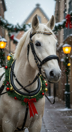 Elegant white horse adorned with holiday wreath harness standing in snowy festive street with warm glowing lights and seasonal decorations.の素材