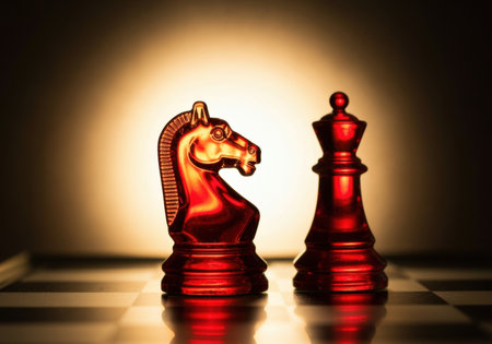 Red transparent knight and queen chess pieces illuminated dramatically on a chessboard, symbolizing strategic decision making.の素材