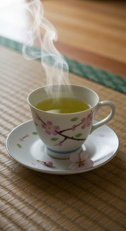 Steaming cup of green tea in floral porcelain teacup with delicate blossom on tatami mat in serene minimalist setting.の素材